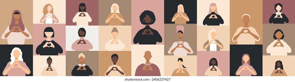 Diverse women with heart-shaped hands stand together.