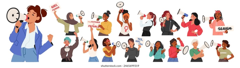 Diverse Women Holding A Megaphones And Advocating For Gender Equality. Characters Hold Signs With Feminist Messages, Showing Unity And Strength In Their Fight For Equal Rights. Vector Illustration