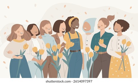 Diverse Women Holding Yellow Tulips – Unity, Empowerment, and Spring Celebration Illustration