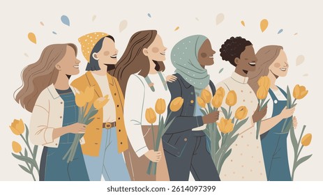 Diverse Women Holding Yellow Tulips – Unity, Empowerment, and Spring Celebration Illustration