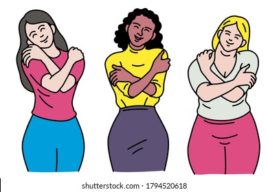 Diverse women hugging oneself with proud and happiness in concept of love yourself and care your body. Vector illustration character. Outline, linear, thin line art, hand drawn sketch. 