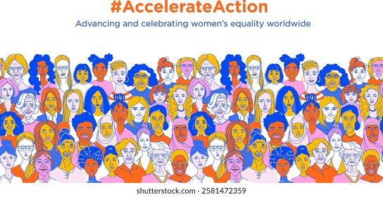 Diverse Women Illustration for International Women's Day Campaign #AccelerateAction. Empowering Women's Portraits: Celebrate Gender Equality with Bold Art. Colorful hand drawn vector Illustration