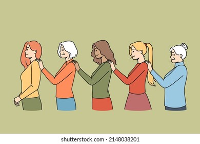 Diverse women in line holding each other with shoulders showing support and unity. Young and old female generations fighting for rights. Feminism and solidarity. Vector illustration. 