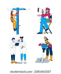 Diverse women in male-dominated workplace cartoon flat illustrations set. Electrician, movie director, STEM scientists, blue collar 2D characters isolated on white. Collection vector color images