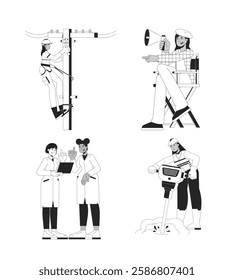 Diverse women in male-dominated workplace linear illustrations set. Electrician, movie director, STEM scientists, blue collar 2D line characters isolated. Monochrome vector outline images collection