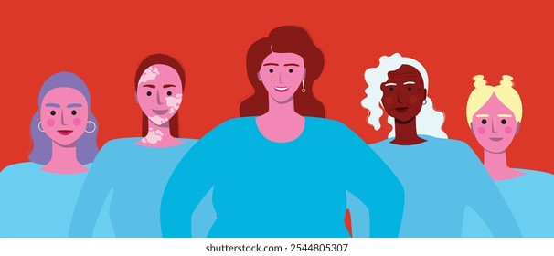 Diversas mujeres como concepto de imperfección perfecta para el día internacional de la mujer, ilustración de stock de Vector plano con feministas para el 8 de marzo