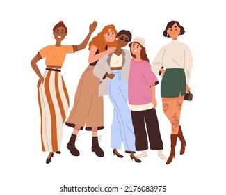 Diverse women portrait. Different girls community. Female friends standing together. Diversity, sisterhood, feminism concept. Girlfriends team. Flat vector illustration isolated on white background