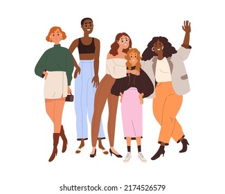 Diverse women portrait. Happy girls friends together. Woman group, community of different race, body, beauty. Sisterhood, solidarity concept. Flat vector illustration isolated on white background