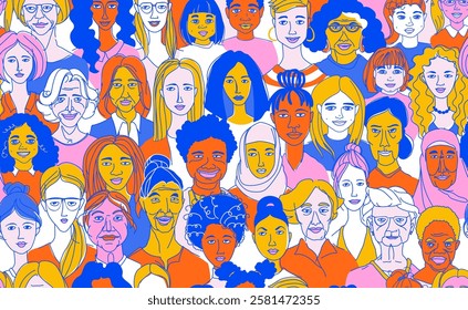 Diverse Women Portraits for International Women's Day Illustration. Empowering Female Community for Equality and Inclusivity Concept. Line Art of Strong, Diverse Women for Feminist Campaigns