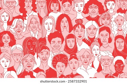 Diverse Women Portraits for International Women's Day Illustration. Empowering Female Community for Equality and Inclusivity Concept. Line Art of Strong, Diverse Women for Feminist Campaigns