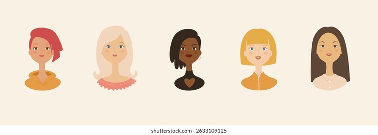 Diverse women portraits vector set, hand-drawn female faces of different ethnicities, inclusive beauty illustrations