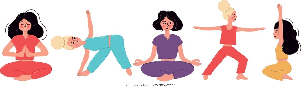 Diverse Women Practicing Yoga and Meditation in Various Relaxing Poses. Illustration depicting women engaging in different yoga routines, showcasing diversity in meditation and health-focused 