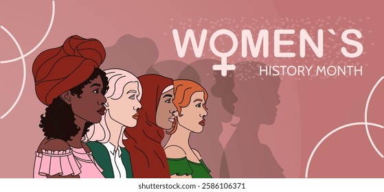 Diverse women in profile view celebrating Women's History Month on a pink abstract background. The illustration symbolizes empowerment, unity, and diversity. Vector illustration