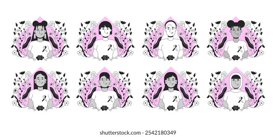 Diverse women promoting breast cancer awareness black and white 2D concepts set. Young adult females wearing ribbon outline illustration characters isolated. Metaphors monochrome vector collection