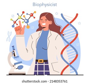 Diverse women in science concept. Female character, biophysicist study the chemical and physical principles of living things and of biological processes. Flat vector illustration