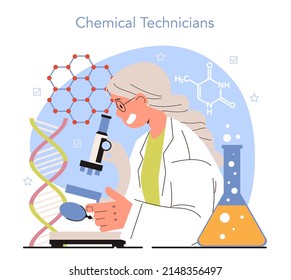 Diverse women in science concept. Female chemical technician assist chemists in researching, developing and producing properties of materials. Flat vector illustration