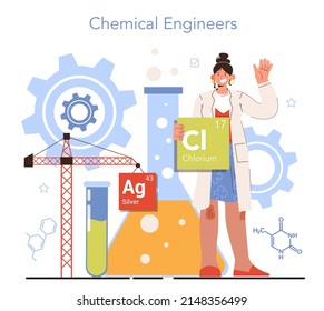 Diverse women in science concept. Female chemical engineer develop and design chemical manufacturing processes. Different chemical substances' research. Flat vector illustration