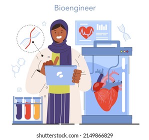 Diverse Women In Science Concept. Female Character Works With Bioengineering, Biotechnology And Gene Therapy. Scientist Study, Modify And Control Biological Systems. Flat Vector Illustration