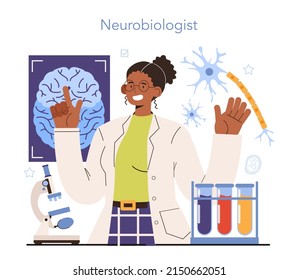 Diverse women in science concept. Female character, neurologist works with human brain and nervous system. Nervous system disease' research and therapy. Flat vector illustration