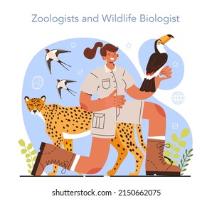 Diverse women in science concept. Female character exploring and studying fauna. Wild animal studying and protection, naturalist going on expedition to wild nature. Isolated vector illustration