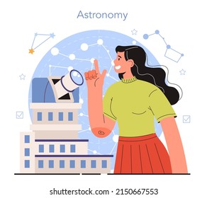 Diverse Women In Science. Female Astronomer Looking Through A Telescope At The Stars In Observatory. Scientist Study The Objects In Universe. Flat Vector Illustration