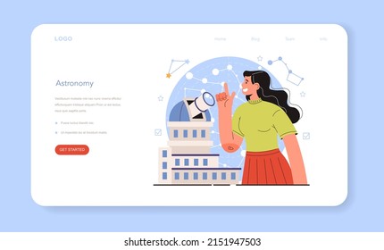 Diverse women in science. Female astronomer looking through a telescope at the stars in observatory. Scientist study the objects in universe. Flat vector illustration