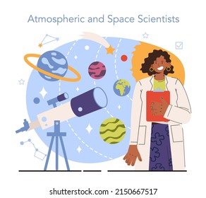 Diversas mujeres en la ciencia. Las científicas atmosféricas y espaciales femeninas estudian las características físicas, procesos y movimientos de la atmósfera, interpretan datos meteorológicos. Ilustración vectorial plana