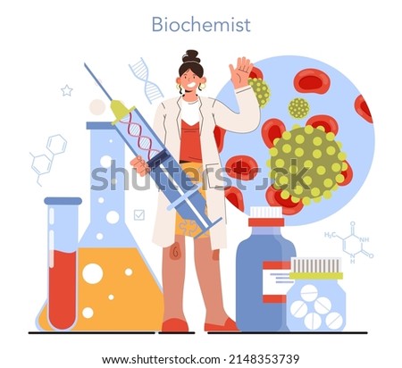 Diverse women in science. Female character, biochemist works with biological processes at the cellular and molecular level. Chemical processes in living creatures studying. Flat vector illustration ストックフォト © 