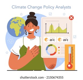 Diverse women in science. Female climate change policy analyst evaluate scientific data and research about the climate change, monitor the environment pollution. Flat vector illustration