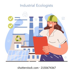 Diverse women in science. Female industrial ecologist performing laboratory and field test to monitor the environment, measure and investigate sources of pollution. Flat vector illustration