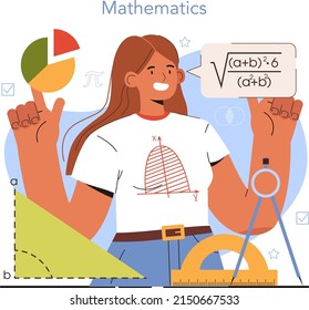 Diverse women in science. Female mathematician use scientific formulas and diagrams to research and formulate new calculation. Math analysis and conjecture computing. Vector flat illustration