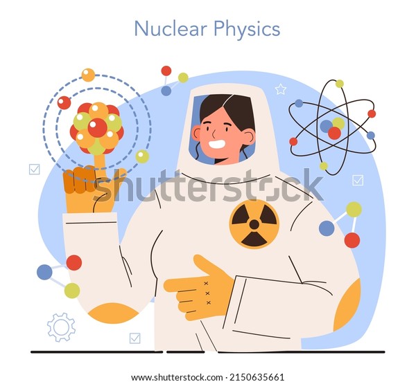 Diverse women in\
science. Female nuclear physicist explore atomic nuclei and their\
constituents and interactions, properties of nuclear material,.\
Flat vector\
illustration