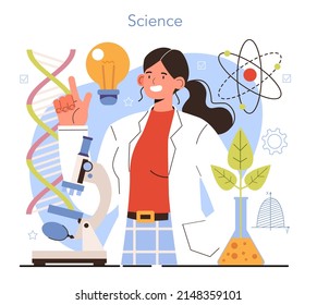 Diverse women in science. Female scientist. Idea of education and innovation. Biology, chemistry, medicine and other subjects systematic study. Isolated flat illustration