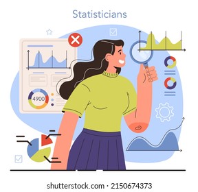 Diverse women in science. Female statistician working with data analyzing graphs, charts and diagrams, processing information. Scientist studying demographic statistics. Vector flat illustration