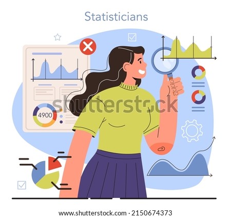 Diverse women in science. Female statistician working with data analyzing graphs, charts and diagrams, processing information. Scientist studying demographic statistics. Vector flat illustration