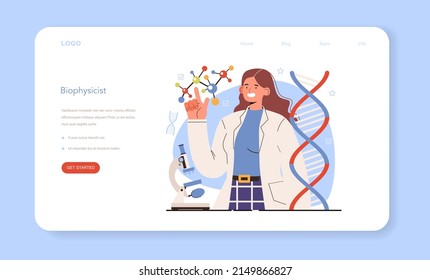 Diverse Frauen in Science-Web-Banner oder Landing-Page. Weibliche Charaktere, Biophysiker studieren die chemischen und physikalischen Prinzipien der Lebewesen und der biologischen Prozesse. Flache Vektorgrafik