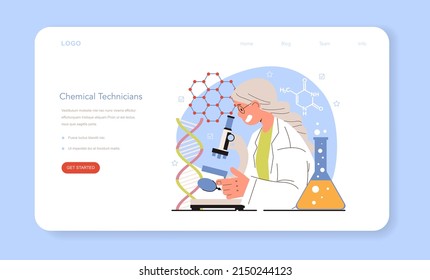 Diverse women in science web banner or landing page. Female chemical technician assist chemists in researching, developing and producing properties of materials. Flat vector illustration