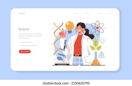 Diverse women in science web banner or landing page. Female scientist. Idea of education and innovation. Biology, chemistry, medicine and other subjects systematic study. Isolated flat illustration