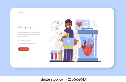 Diverse Women In Science Web Banner Or Landing Page. Female Character Works With Bioengineering And Gene Therapy. Scientist Study, Modify And Control Biological Systems. Flat Vector Illustration