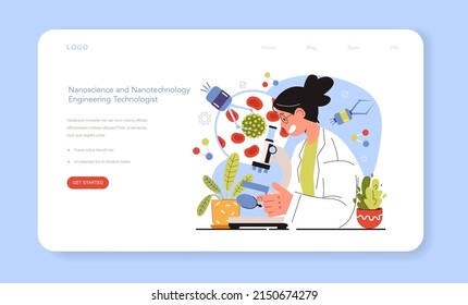 Diverse women in science web banner or landing page. Female nano scientist work in laboratory with nanoparticle for medicine and technology development. Vector flat illustration.
