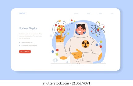 Diverse Women In Science Web Banner Or Landing Page. Female Nuclear Physicist Explore Atomic Nuclei And Their Constituents And Interactions, Properties Of Nuclear Material,. Flat Vector Illustration