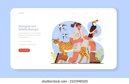 Diverse women in science web banner or landing page. Female character exploring and studying fauna. Wild animal studying and protection, expedition to wild nature. Isolated vector illustration