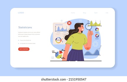 Diverse women in science web banner or landing page. Female statistician working with data analyzing graphs, charts and diagrams. Scientist studying demographic statistics. Vector flat illustration