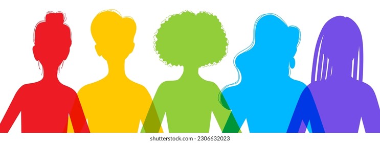 Diverse women silhouette. Feminist. Isolated silhouette of LGBTQ people. Gay community. Lesbians as representatives of LGBT people. Rainbow colored silhouettes of female heads. Concept of homosexual.