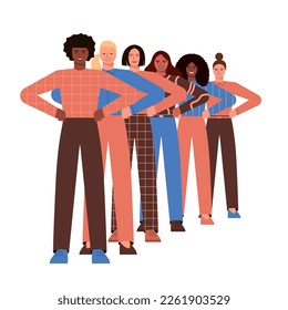 Diverse women standing next to one other holding hands on waistline. Vector illustration concept for friendly female community, women's power, feminism, gender equality, freedom, human rights