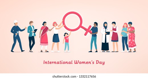 Diverse women standing together and supporting each other, they are holding the female symbol, feminism, women's right and women's day concept