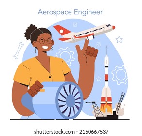 Diversas mujeres en el concepto de tecnología e ingeniería. Las mujeres ingenieras aeroespaciales diseñan o construyen aeronaves civiles o de carga, misiles, sistemas de defensa nacional o naves espaciales. Ilustración vectorial plana