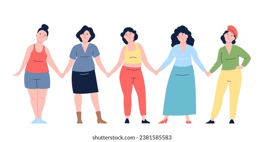 Banner de varias mujeres juntas. Problemas de caída y sobrepeso. Concepto positivo corporal con chicas felices grasas, personajes gordos escena vector reciente