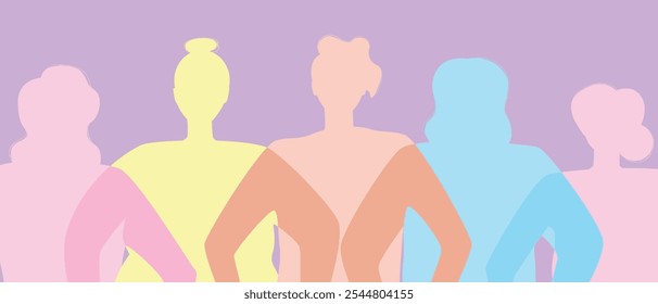 Diverse women together as unity and feminism, unrecognizable persons for international women's day, silhouette flat vector stock illustration