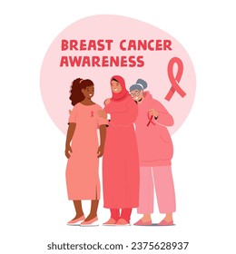 Diverse Women Unite To Promote Breast Cancer Awareness. Female Characters Advocating For Inclusivity In Healthcare, Spreading Knowledge And Fostering Support System. Cartoon People Vector Illustration